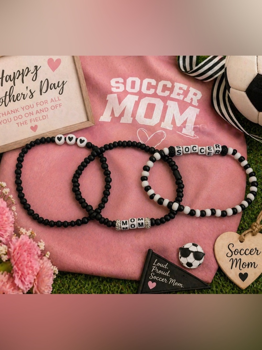 Soccer Mom Stretch Bracelet – 8” Black & White Beaded Mother’s Day Gift